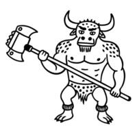Minotaur illustration with axe legendary mythical creature, line art drawing, greek mythology concept vector