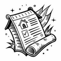 Vintage Scroll with House Icon and Checkmark in Black and White Illustration vector