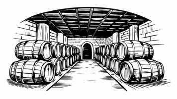 Rustic Wine Cellar with Wooden Barrels in Black and White Illustration vector