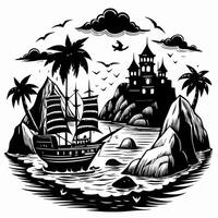 Mystical Island Castle with Pirate Ship and Palm Trees in Black and White vector