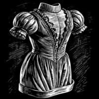 Vintage Victorian Dress Illustration in Black and White with Detailed Textures and Patterns vector