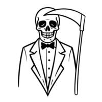 skeleton in tuxedo holding scythe, monochrome illustration grim reaper character, death symbolism in formal attire vector