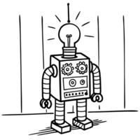 robot with lightbulb head simple black and white illustration, creative idea concept, mechanical creature vector