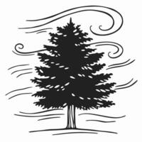 stylized tree with swirling wind black outline on white nature, abstract forest design, simple illustration vector