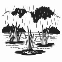 monochrome rainy lake scene with reeds and clouds, abstract landscape illustration vector