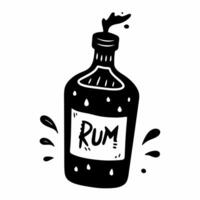 Black and White Hand Drawn Rum Bottle Illustration with Splash vector