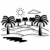 Palm trees in desert landscape, sun and clouds in simple black and white illustration vector