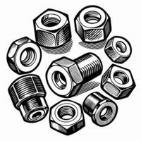 Detailed Illustration of Nuts and Bolts in Monochrome Sketch Style vector