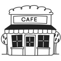 Charming cafe exterior, simple black and white illustration with awning and trees vector
