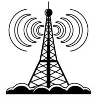 Wireless communication tower transmitting signals silhouette with waves and antenna symbol vector