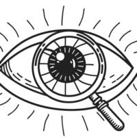 eye with magnifying glass icon detailed vision, exploration and analysis concept in black and white illustration vector