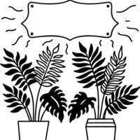 potted plants with blank sign frame and doodle lines, monochrome botanical illustration vector