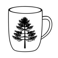 Illustrated mug featuring minimalist pine tree design, simple nature inspired art vector