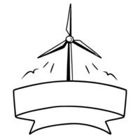 Wind turbine with blank ribbon for text outline illustration, renewable energy symbol, eco friendly environment vector
