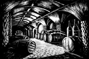 Rustic Wine Cellar with Wooden Barrels and Bottles in Vintage Style Engraving vector