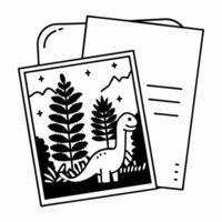 Dinosaur illustration with trees and mountains, black and white document vector