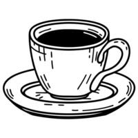 black coffee illustration in a mug with saucer hand drawn sketch style, simple monochrome design vector