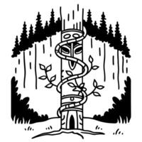 Mystical totem pole in forest with vines and trees, symbol of nature and tradition vector