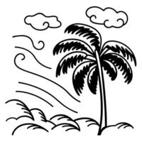 Tropical palm tree in windy weather with clouds and waves coastal, beach scenery illustration vector