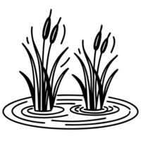 line art of cattails by pond minimalist black and white nature illustration wetland plants in simple design vector