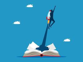 man flying on rocket to open book vector
