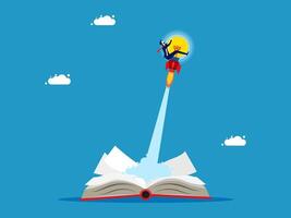 a man flying on top of an open book with a rocket vector