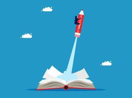 a red rocket flying out of an open book vector