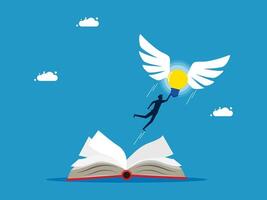 a man flying over an open book with an idea light bulb vector
