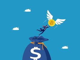a man is flying over a bag with a dollar sign on it vector