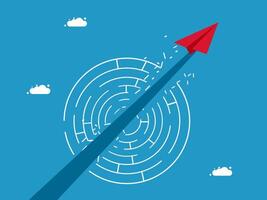 red paper plane flew through the puzzle maze. The concept of overcoming obstacles and goals vector