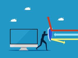 Data protection. man holding shield to protect computer vector