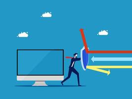 Data protection. Businessman holding shield to protect computer vector