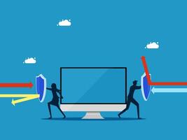protection data. Business team holding shield to protect computer vector