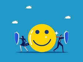 Protect positive thoughts. Business team holding shield to protect optimism vector