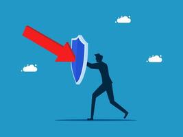 Prevention or risk management. man holding shield to protect from arrow attack vector