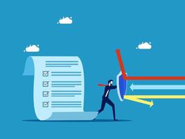 Insure or obey the rules. Businessman holding a shield to protect documents vector
