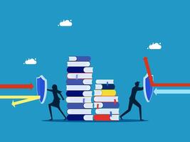 Protect information or business knowledge. Business team holding shields to protect stacks of books vector