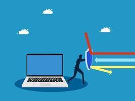 Data protection or encryption. man holding shield to protect laptop vector