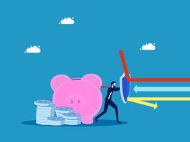 Protect assets and interests. Businessman holding shield to protect piggy bank and pile of money vector