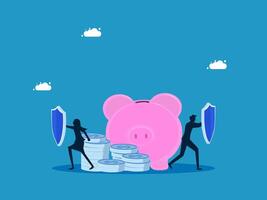 wealth and property. Businessman team holding shield to protect piggy bank and pile of money vector