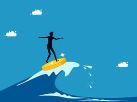 man surfing sea waves with coins. The concept of going through a crisis with money vector