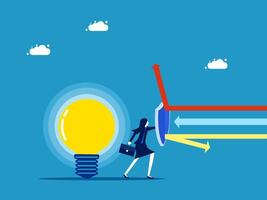 businesswoman pushing light bulb to the right, with arrow pointing up vector