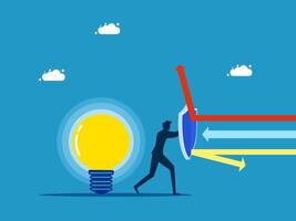 protection man pushing light bulb to the right, with arrow pointing up vector