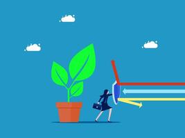 protection businesswoman with a plant in a pot and a red arrow pointing to it vector