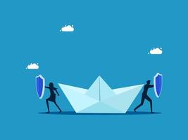 protection business people carrying paper boat with shield and shield vector