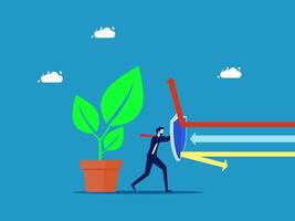 protection man with a plant in a pot and a red arrow pointing to it vector