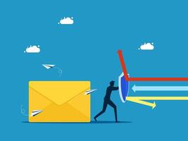 protection man pushing envelope with arrow and paper airplane vector