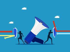people are holding megaphones and standing in front of a blue background vector