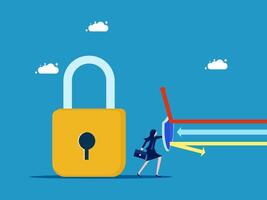a woman is walking towards a padlock with arrows pointing to it vector