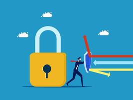 businessman is walking towards a padlock with arrows pointing to it vector